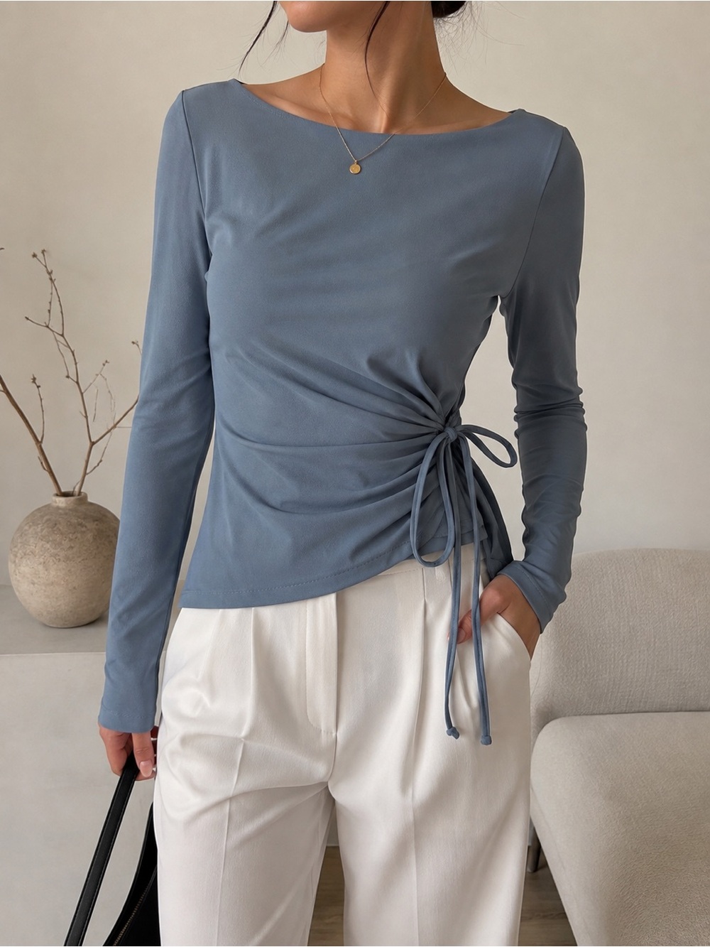 Halara NWT Slate Blue Ruched Side Tie Long Sleeve Top Size L